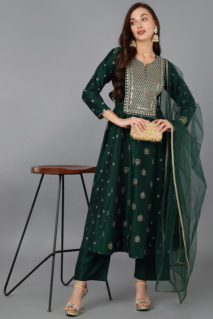 Green Silk Blend Woven Design Anarkali Kurta Trousers With Dupatta 