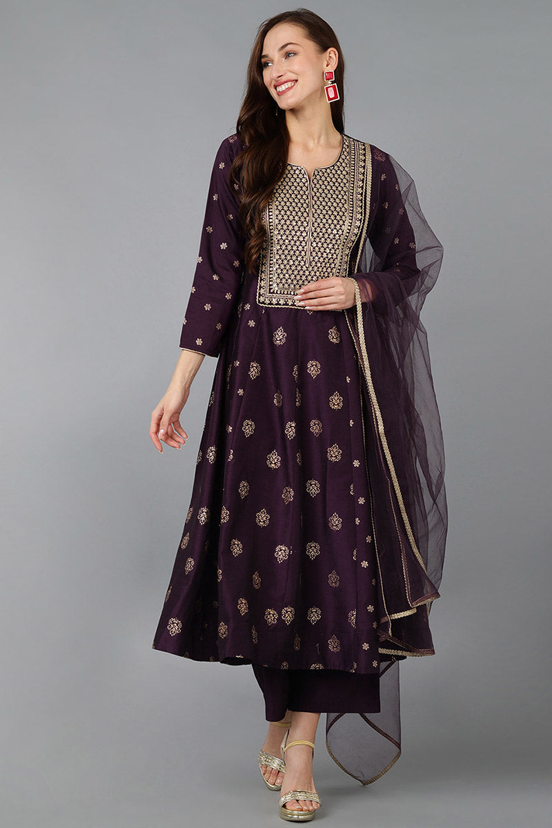 Purple Silk Blend Woven Design Anarkali Kurta Trousers With Dupatta 