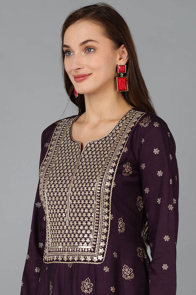 Purple Silk Blend Woven Design Anarkali Kurta Trousers With Dupatta 