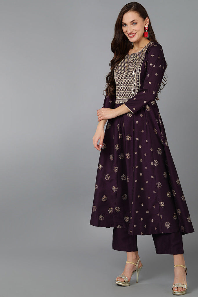 Purple Silk Blend Woven Design Anarkali Kurta Trousers With Dupatta 