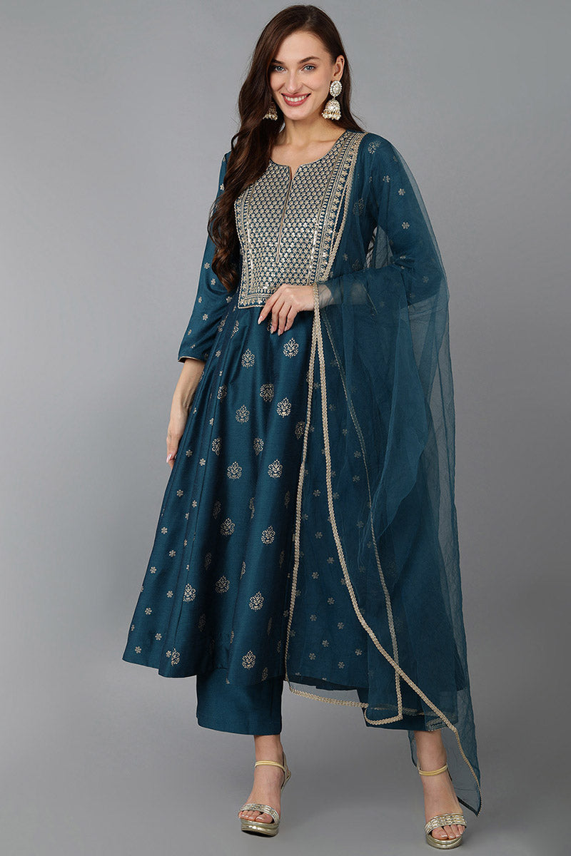 Teal Silk Blend Woven Design Anarkali Kurta Trousers With Dupatta 