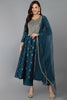 Teal Silk Blend Woven Design Anarkali Kurta Trousers With Dupatta 