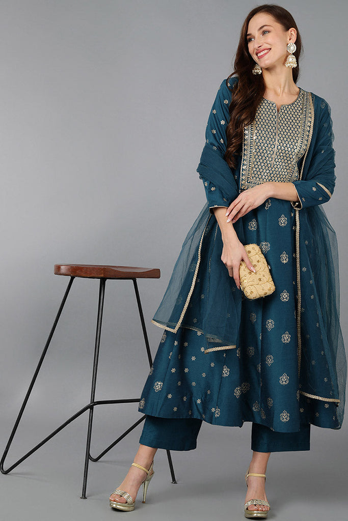 Teal Silk Blend Woven Design Anarkali Kurta Trousers With Dupatta 