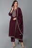 Burgundy Silk Blend Solid Straight Kurta Trousers With Dupatta 