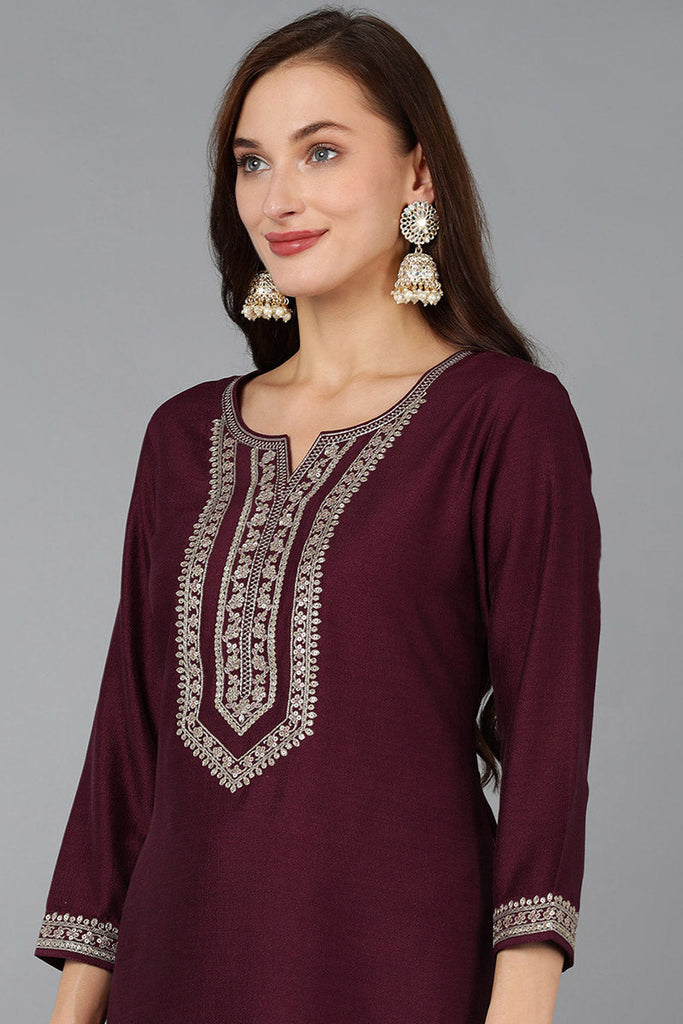 Burgundy Silk Blend Solid Straight Kurta Trousers With Dupatta 