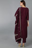 Burgundy Silk Blend Solid Straight Kurta Trousers With Dupatta 