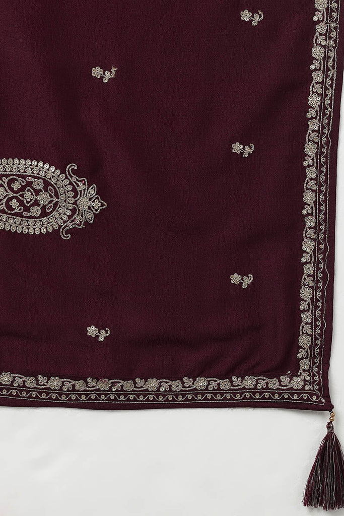 Burgundy Silk Blend Solid Straight Kurta Trousers With Dupatta 