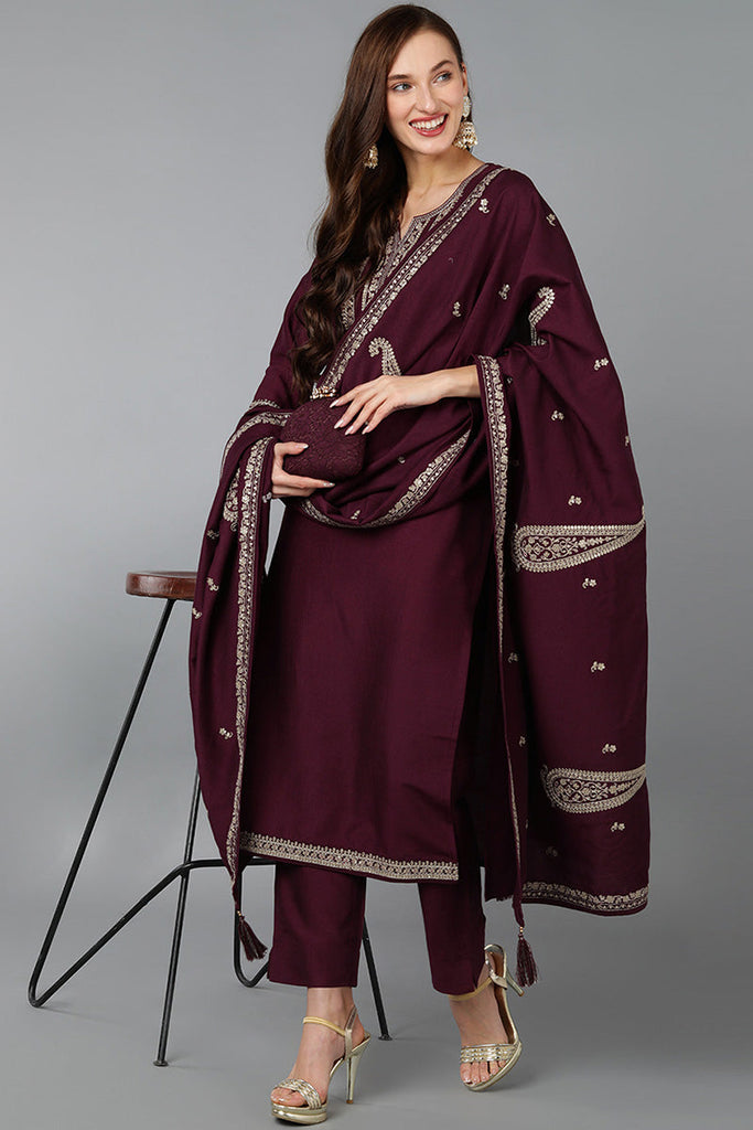 Burgundy Silk Blend Solid Straight Kurta Trousers With Dupatta 