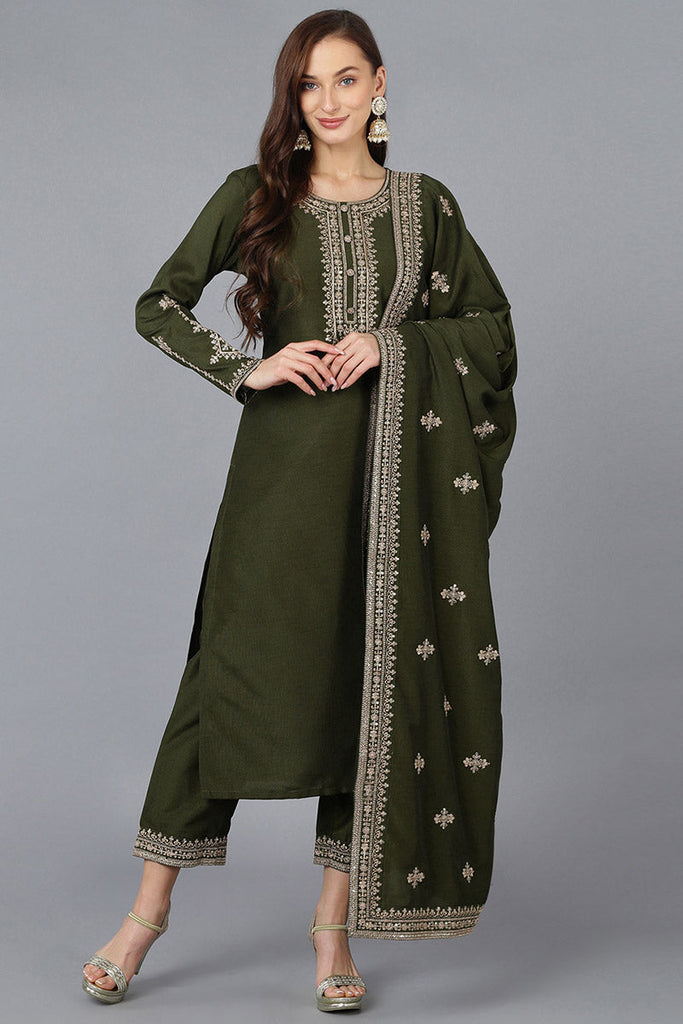 Green Silk Blend Solid Straight Kurta Trousers With Dupatta 