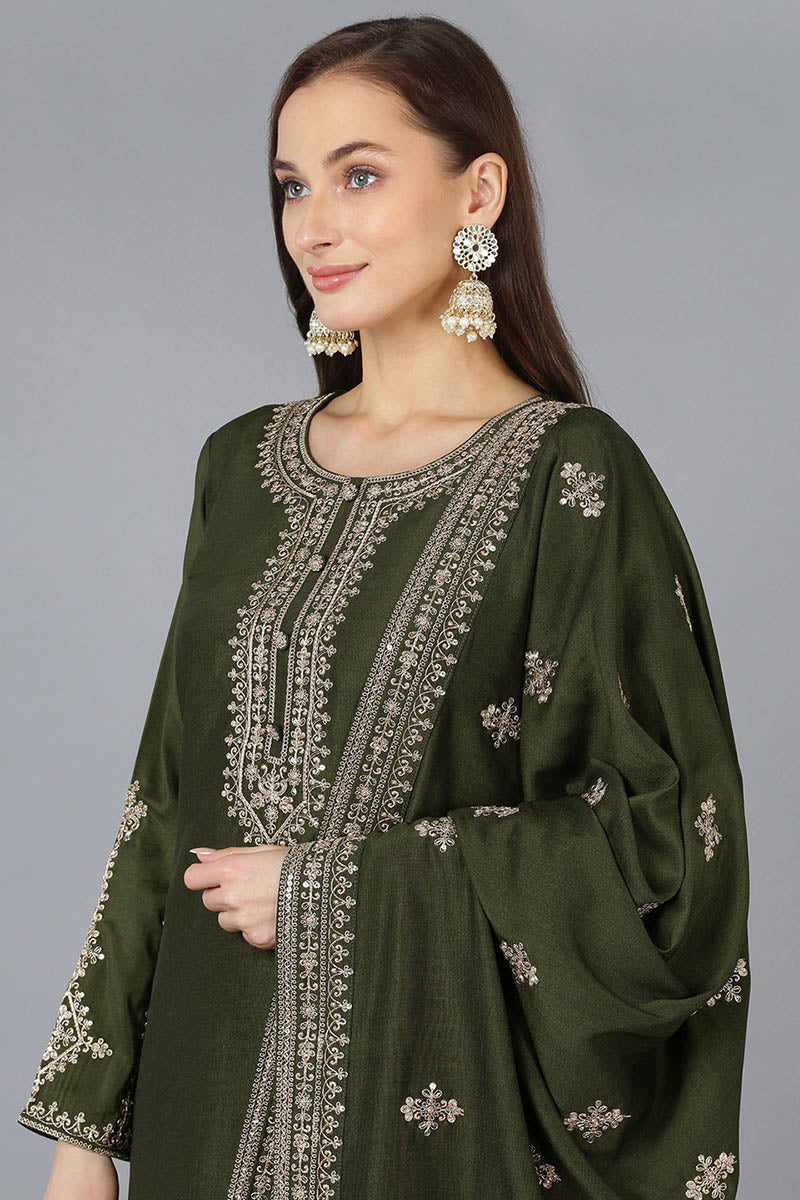 Green Silk Blend Solid Straight Kurta Trousers With Dupatta 