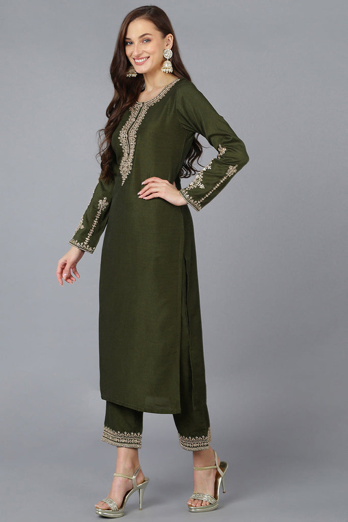 Green Silk Blend Solid Straight Kurta Trousers With Dupatta 