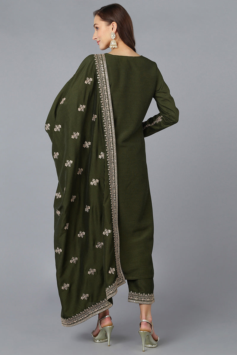 Green Silk Blend Solid Straight Kurta Trousers With Dupatta 