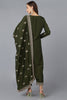 Green Silk Blend Solid Straight Kurta Trousers With Dupatta 