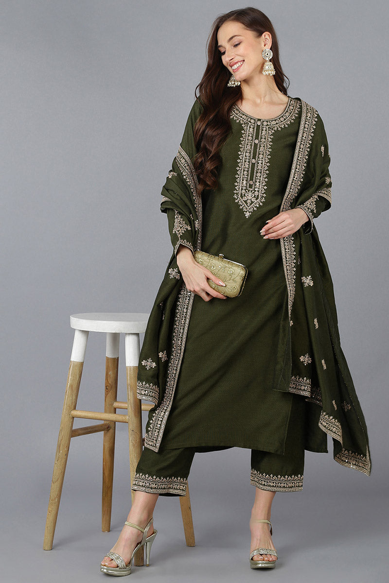 Green Silk Blend Solid Straight Kurta Trousers With Dupatta 