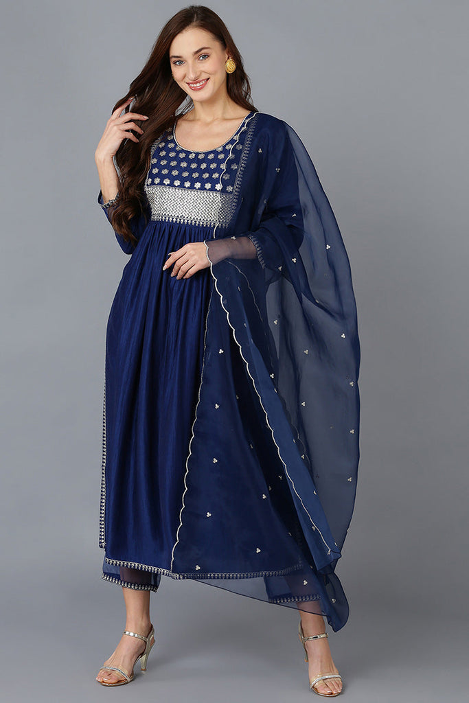 Navy Blue Silk Blend Solid Straight Kurta Trousers With Dupatta 