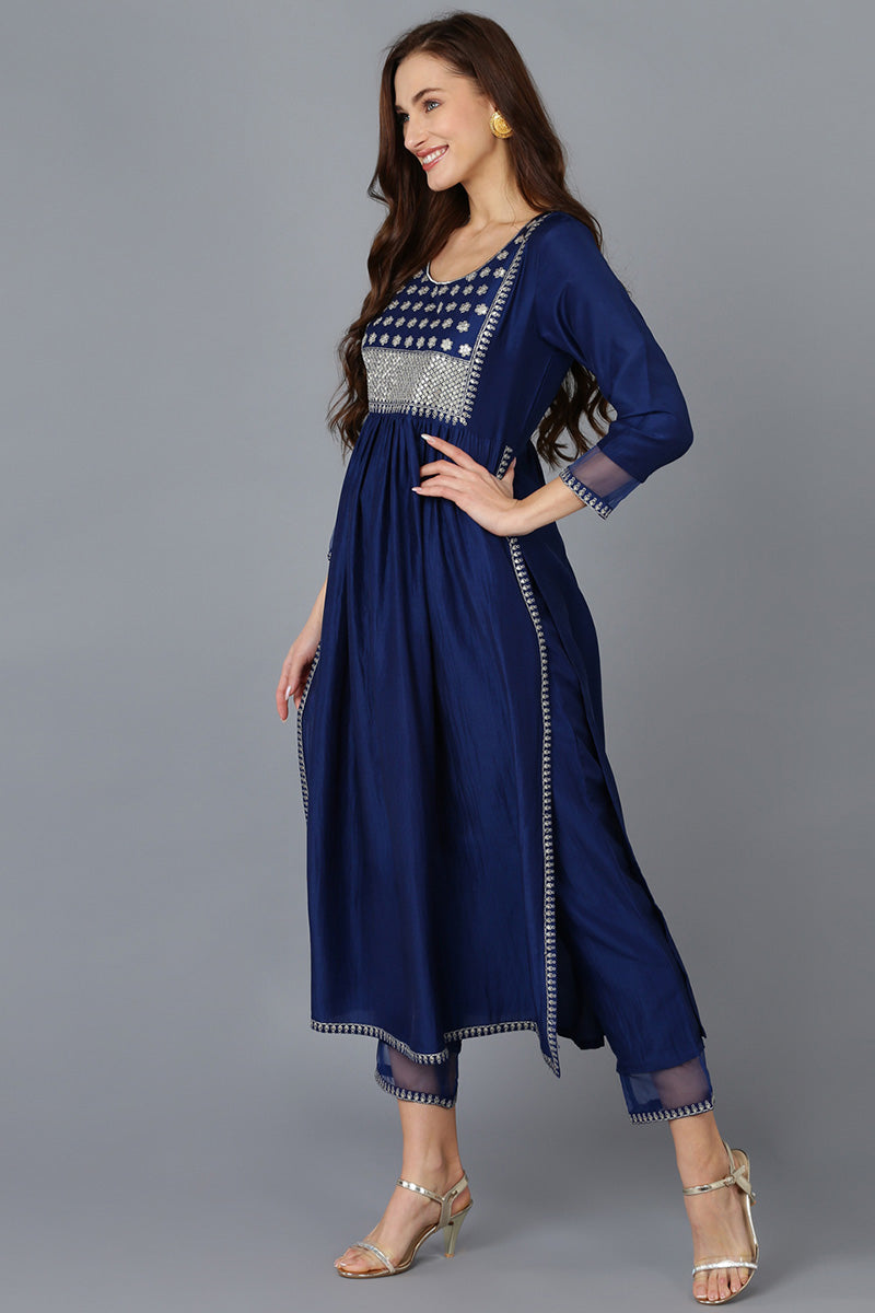 Navy Blue Silk Blend Solid Straight Kurta Trousers With Dupatta 