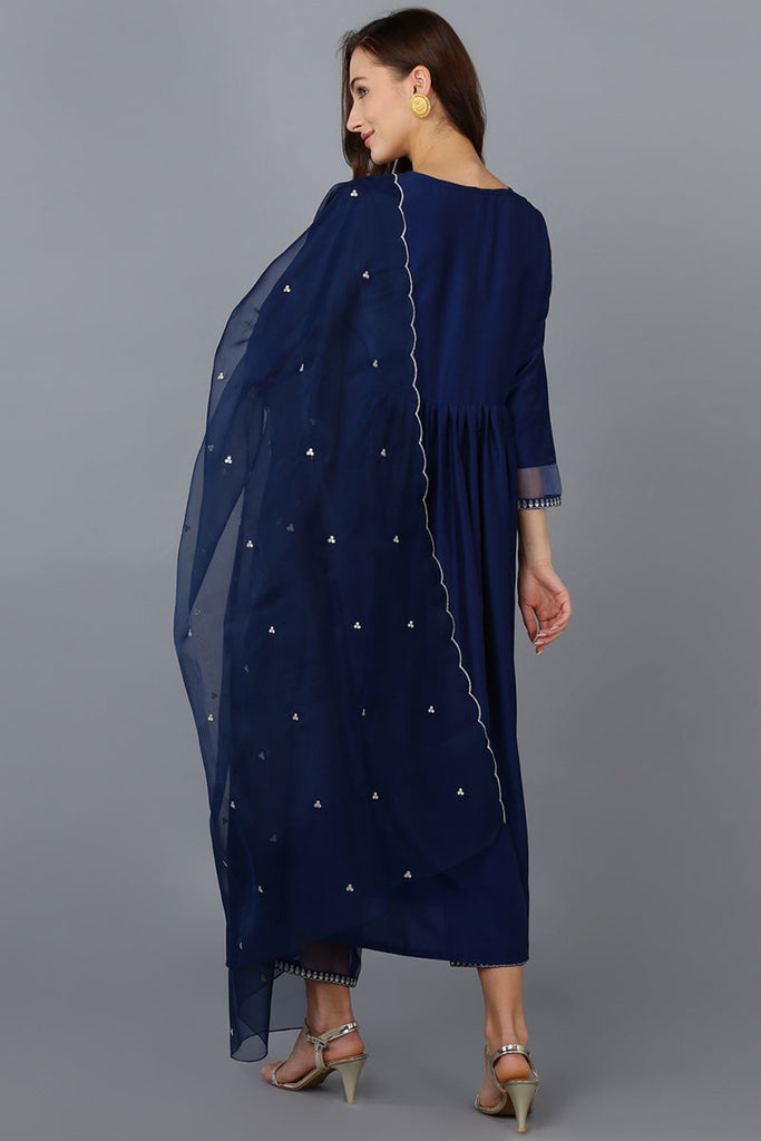 Navy Blue Silk Blend Solid Straight Kurta Trousers With Dupatta 