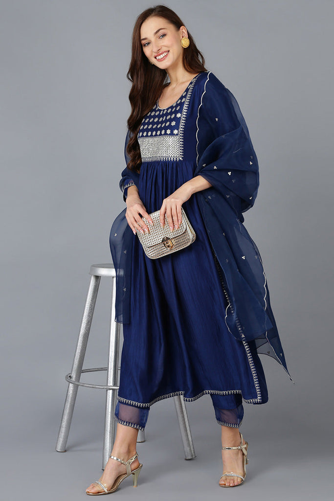 Navy Blue Silk Blend Solid Straight Kurta Trousers With Dupatta 