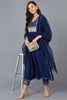 Navy Blue Silk Blend Solid Straight Kurta Trousers With Dupatta 