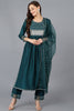 Teal Silk Blend Solid A-Line Kurta Trousers With Dupatta 