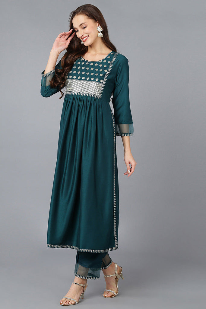 Teal Silk Blend Solid A-Line Kurta Trousers With Dupatta 