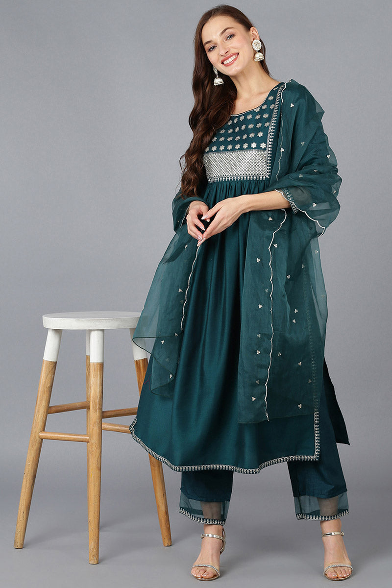 Teal Silk Blend Solid A-Line Kurta Trousers With Dupatta 