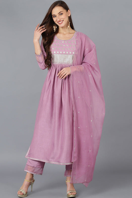 Lavender Silk Blend Solid Straight Kurta Trousers With Dupatta 