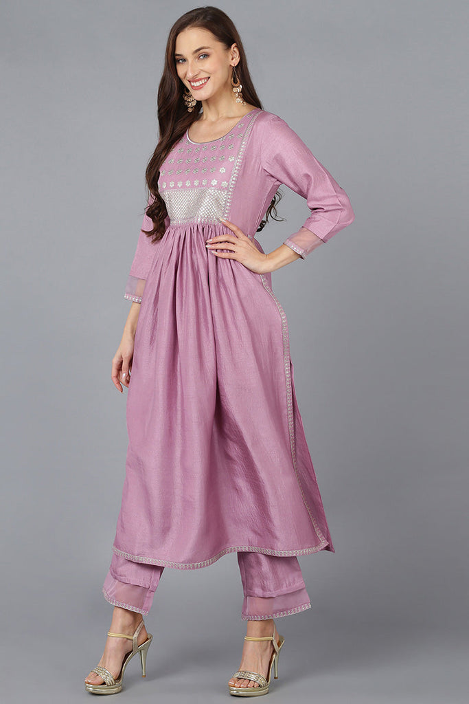 Lavender Silk Blend Solid Straight Kurta Trousers With Dupatta 