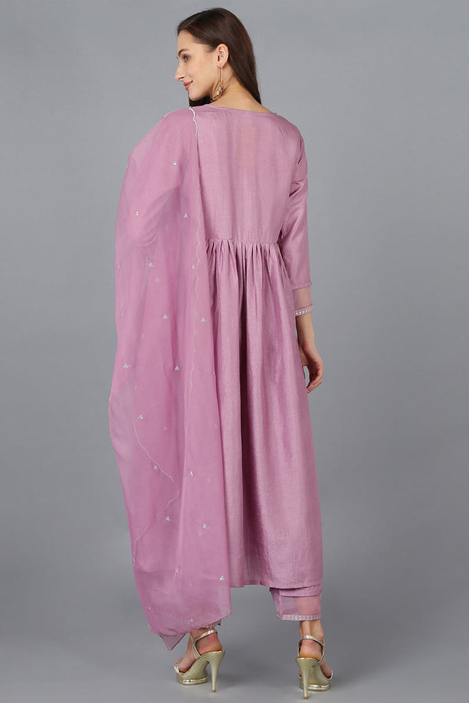 Lavender Silk Blend Solid Straight Kurta Trousers With Dupatta 