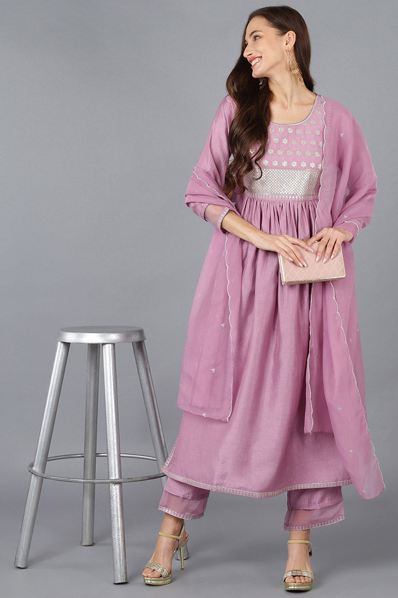 Lavender Silk Blend Solid Straight Kurta Trousers With Dupatta 