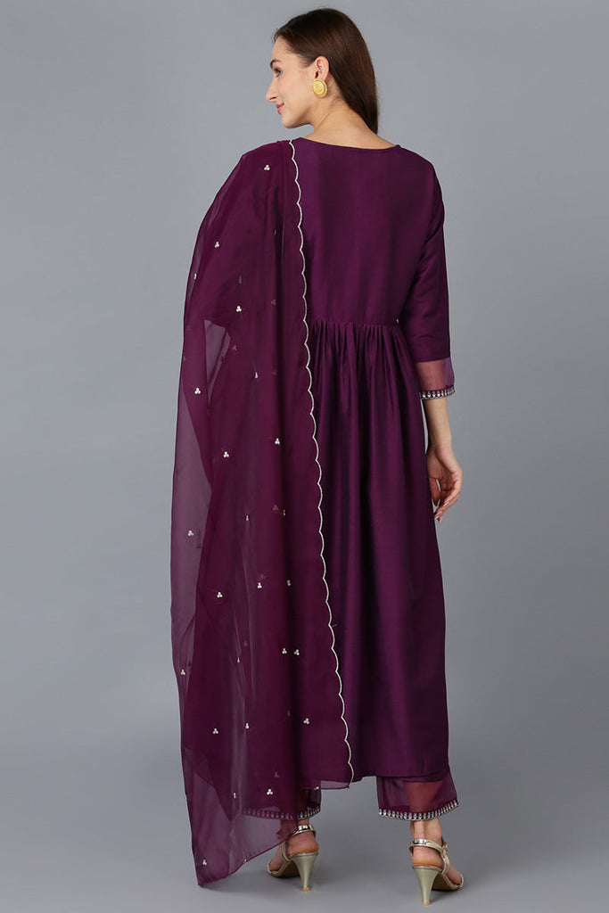 Purple Silk Blend Solid Straight Kurta Trousers With Dupatta 