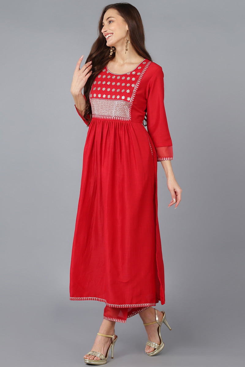 Red Silk Blend Solid Straight Kurta Trousers With Dupatta 