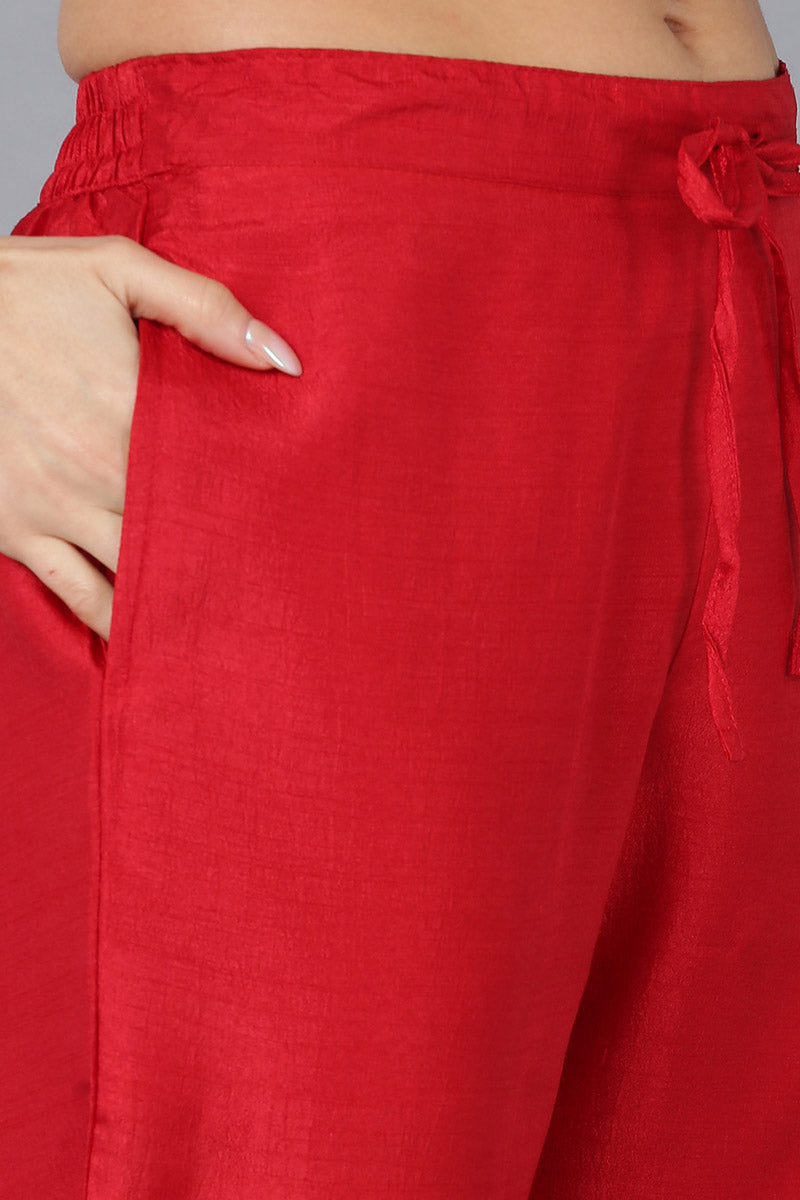 Red Silk Blend Solid Straight Kurta Trousers With Dupatta 