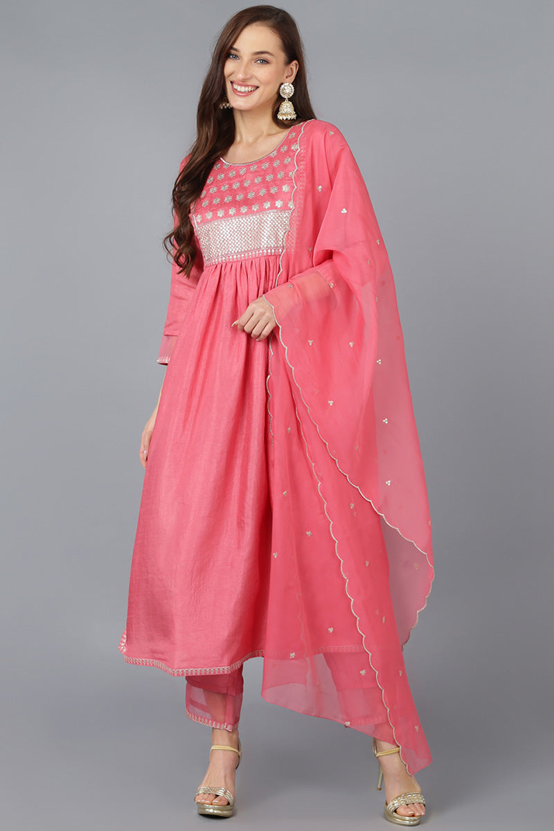 Coral Silk Blend Solid Straight Kurta Trousers With Dupatta 