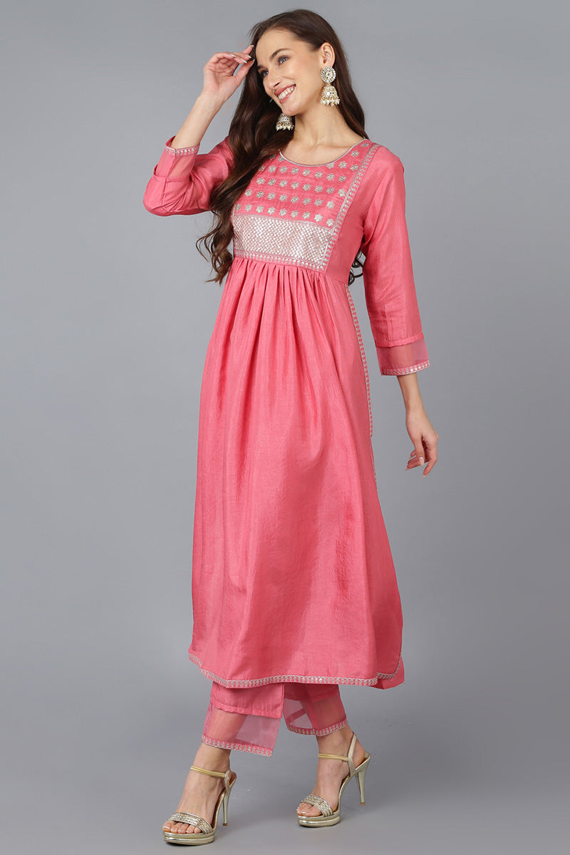 Coral Silk Blend Solid Straight Kurta Trousers With Dupatta 