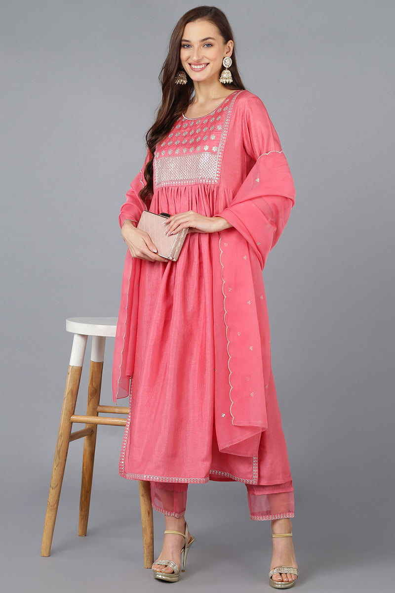 Coral Silk Blend Solid Straight Kurta Trousers With Dupatta 