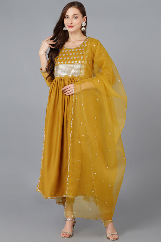 Mustard Silk Blend Solid Straight Kurta Trousers With Dupatta 