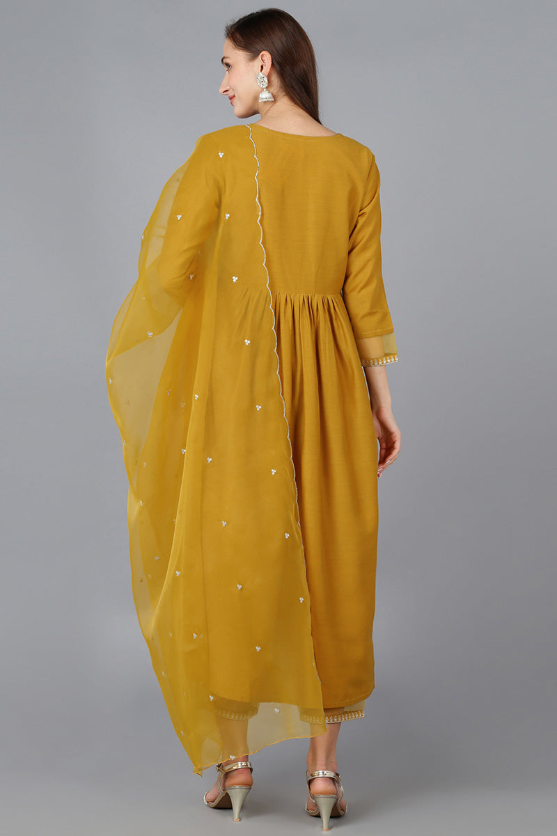 Mustard Silk Blend Solid Straight Kurta Trousers With Dupatta 