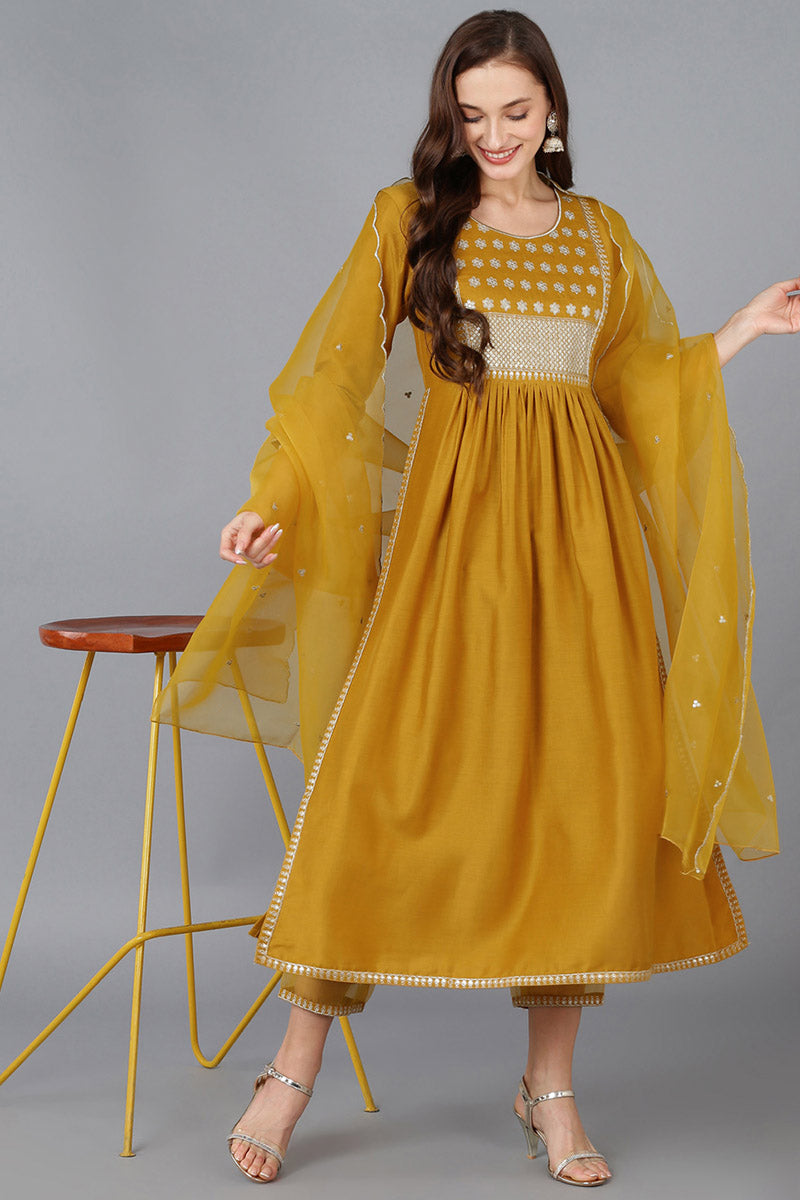 Mustard Silk Blend Solid Straight Kurta Trousers With Dupatta 