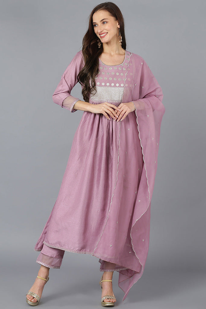 Lavender Silk Blend Solid A-Line Kurta Trousers With Dupatta 