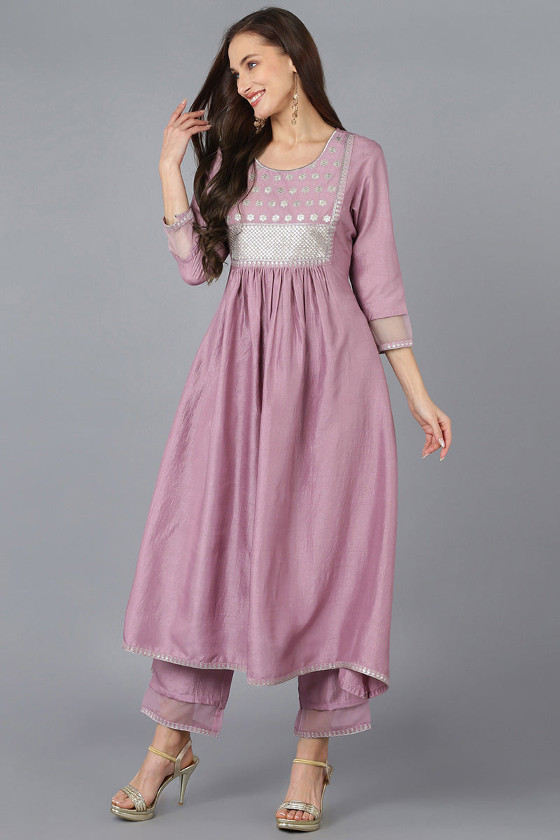 Lavender Silk Blend Solid A-Line Kurta Trousers With Dupatta 