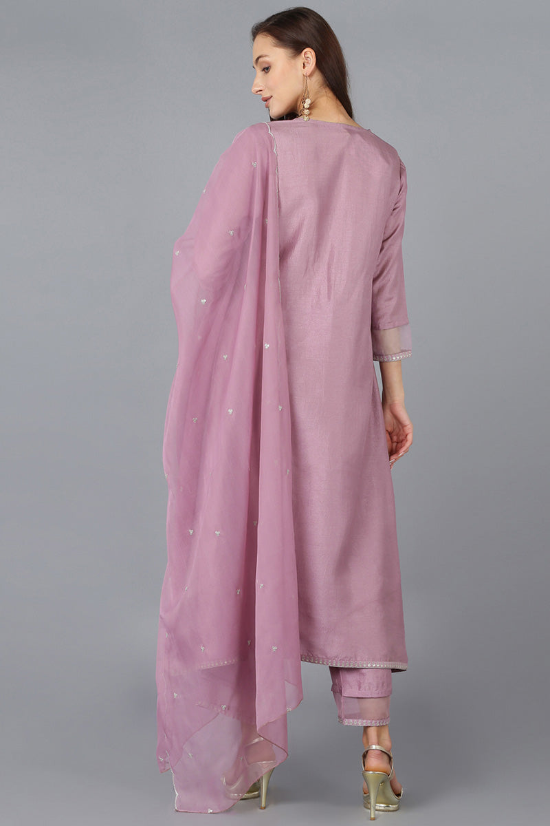 Lavender Silk Blend Solid A-Line Kurta Trousers With Dupatta 