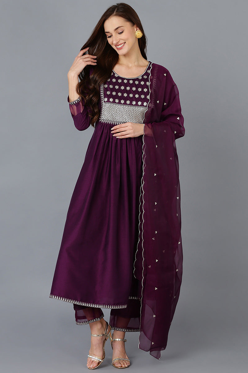 Purple Silk Blend Solid A-Line Kurta Trousers With Dupatta 