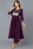 Purple Silk Blend Solid A-Line Kurta Trousers With Dupatta 