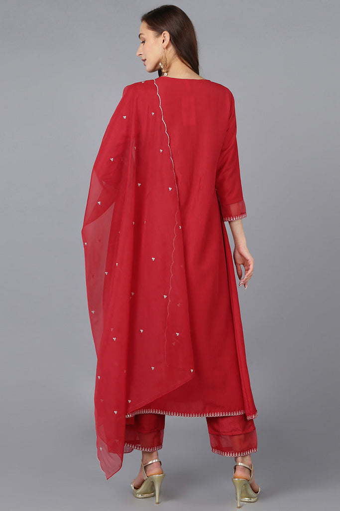 Red Silk Blend Solid A-Line Kurta Trousers With Dupatta 