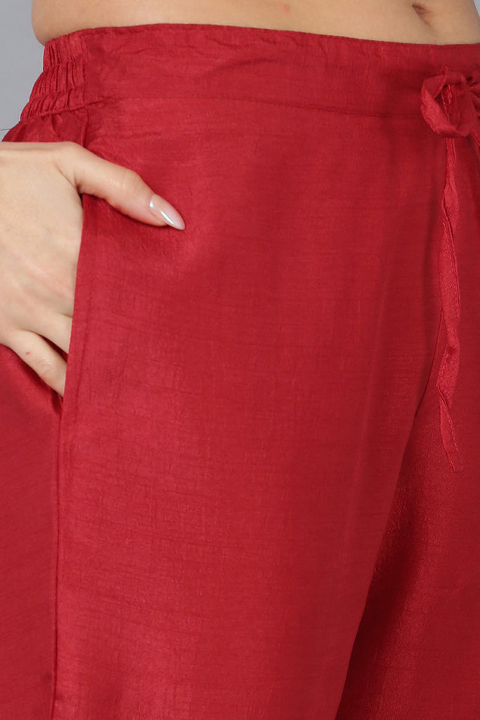 Red Silk Blend Solid A-Line Kurta Trousers With Dupatta 