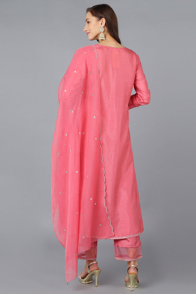 Coral Silk Blend Solid A-Line Kurta Trousers With Dupatta 