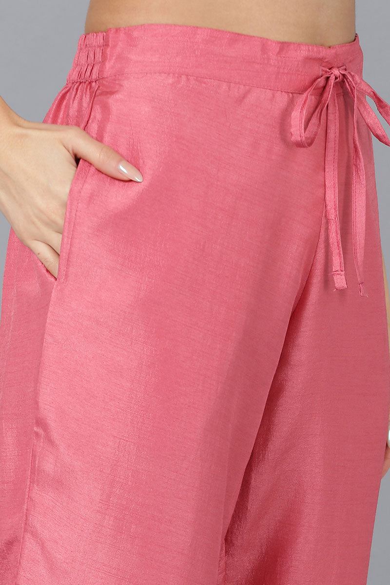 Coral Silk Blend Solid A-Line Kurta Trousers With Dupatta 