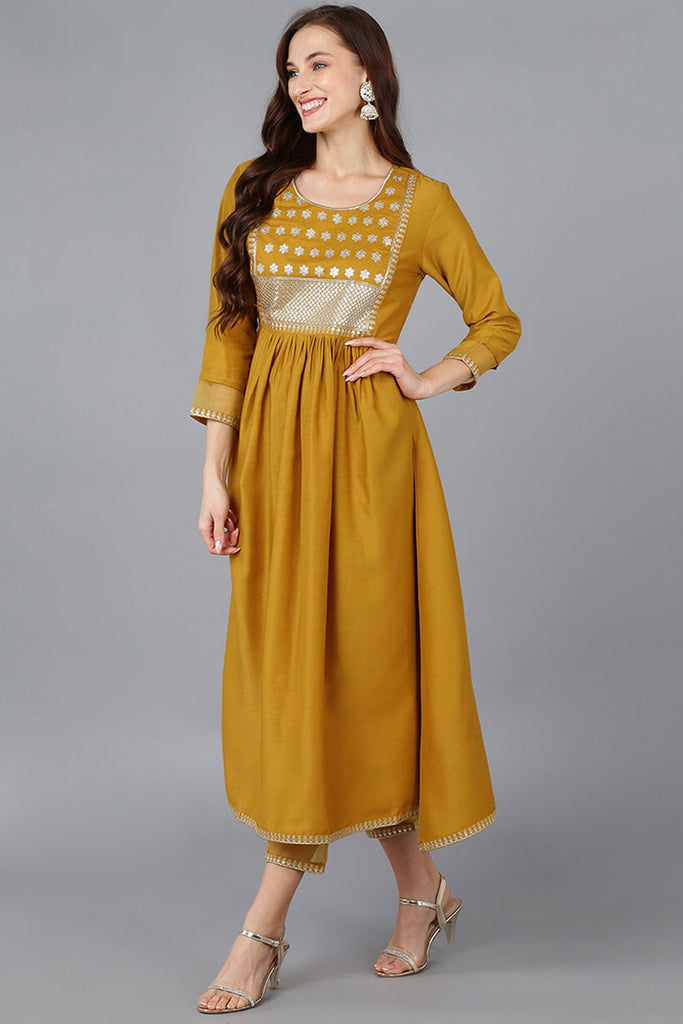 Mustard Silk Blend Solid A-Line Kurta Trousers With Dupatta 