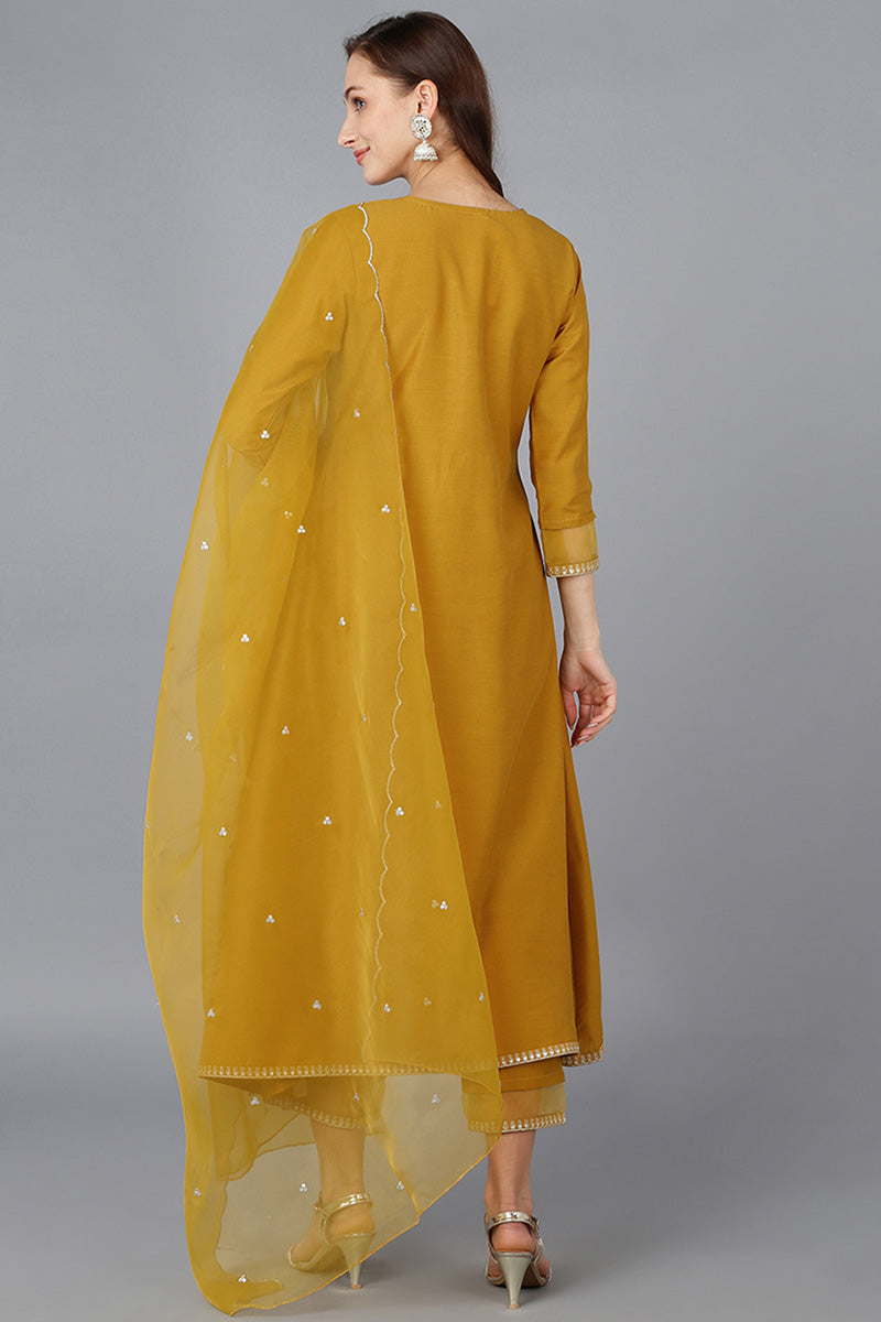 Mustard Silk Blend Solid A-Line Kurta Trousers With Dupatta 